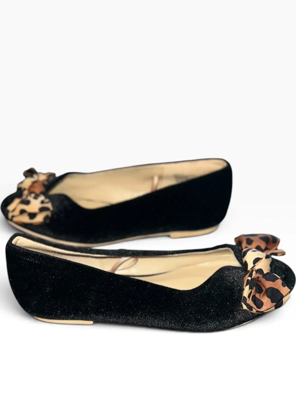 Janie and Jack Girls Size 12 Black Velvet Ballet Flats Leopard Bow